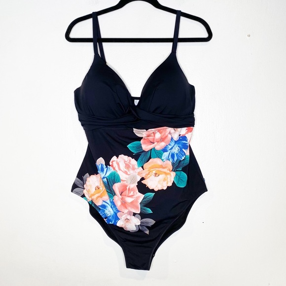 Leilani | NWT Black Floral Gemini Push-Up Underwire One Piece Swimsuit Sz. 14 - Picture 2 of 12
